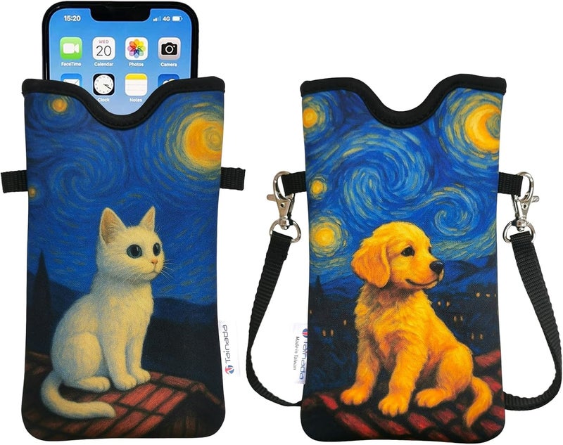 Tainada Men Women Neoprene Phone Sleeve Pouch Case Bag with Crossbody Strap/Neck Lanyard for iPhone 17/16/15 Pro Max, Air, 16/15 Plus, 16e, Samsung S25, A56, Google Pixel 10 (Dog Cat Starry Night) - Image 1